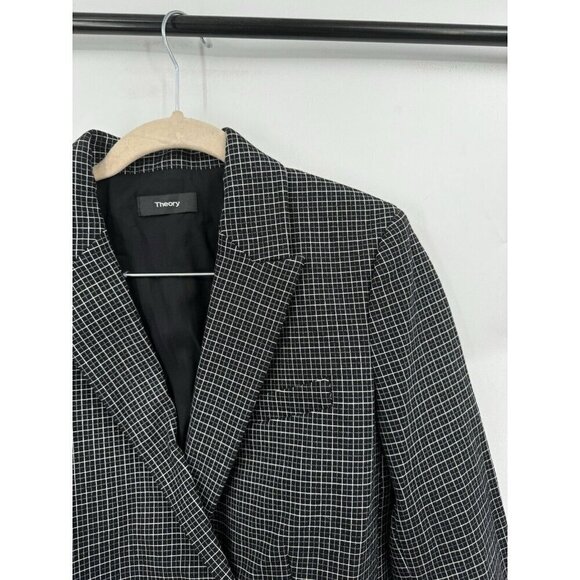 Theory Blazer Women 4 Black Grid Plaid Stretch Double Breasted NEW Formal Cotton - Picture 9 of 11